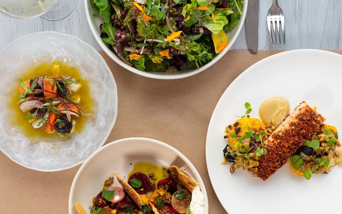 Plates of food from above at The Cottage Greenwich