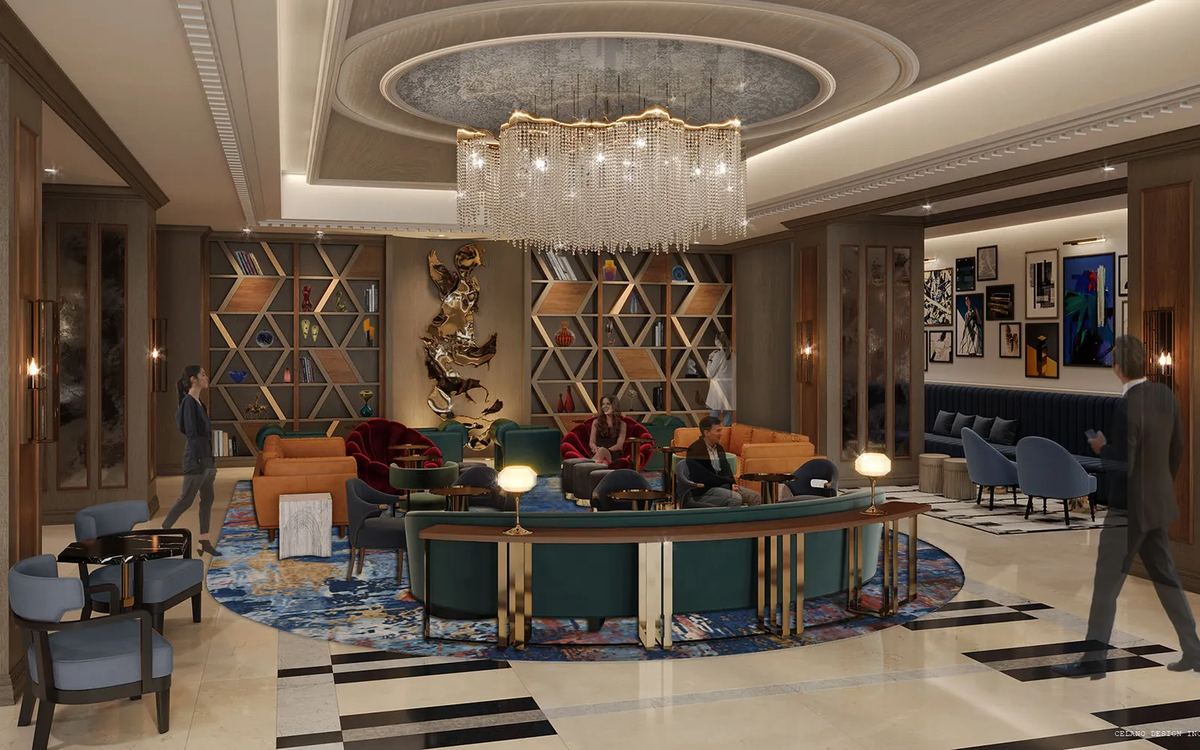 The lobby lounge at The Opus Westchester