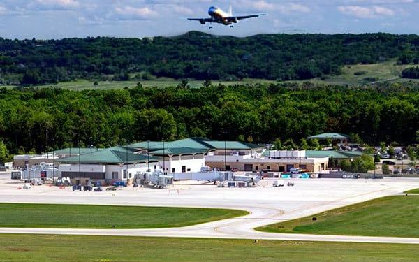A plane takes off over Cherry Capital Airport in Traverse City