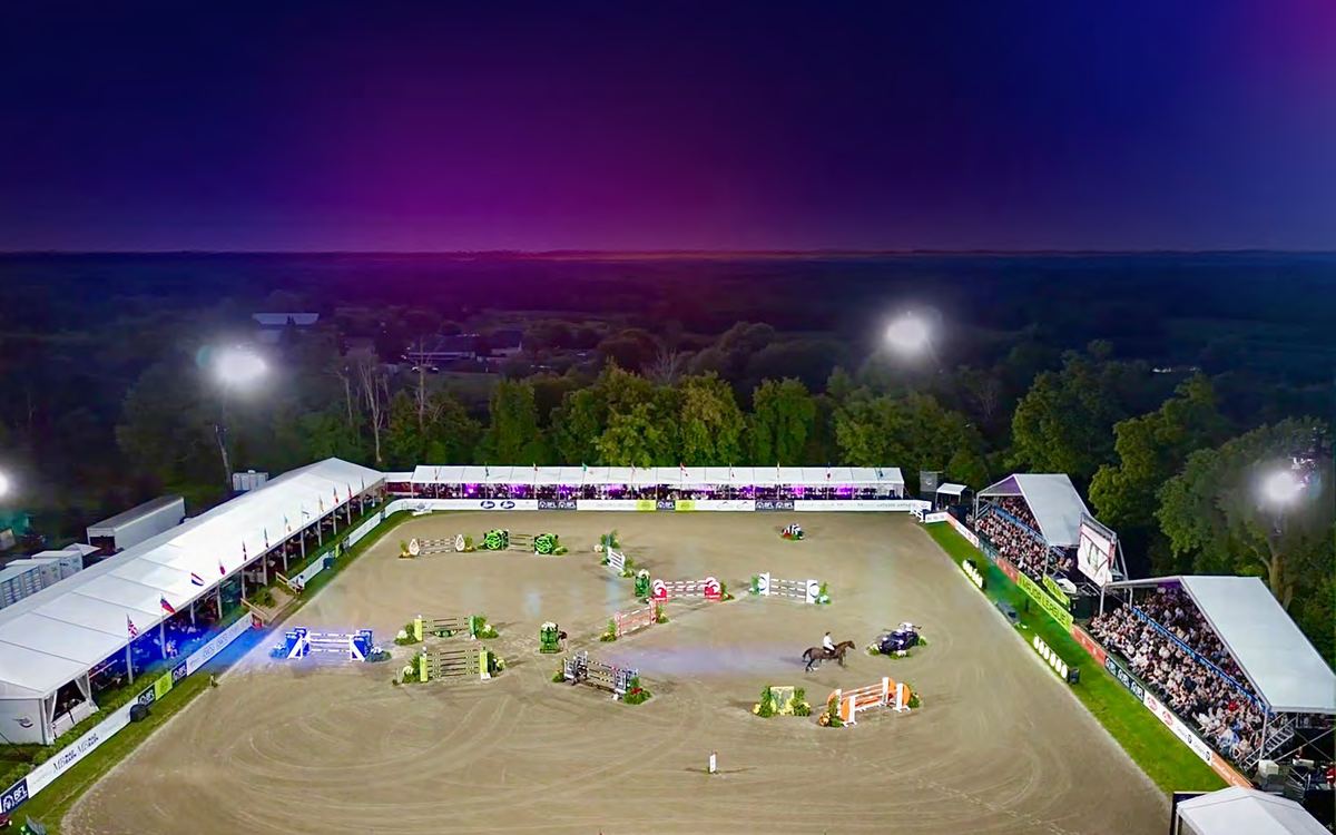The Angelstone stadium ring under lights at night