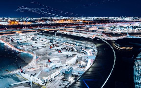 Toronto Pearson airport terminals at dusk