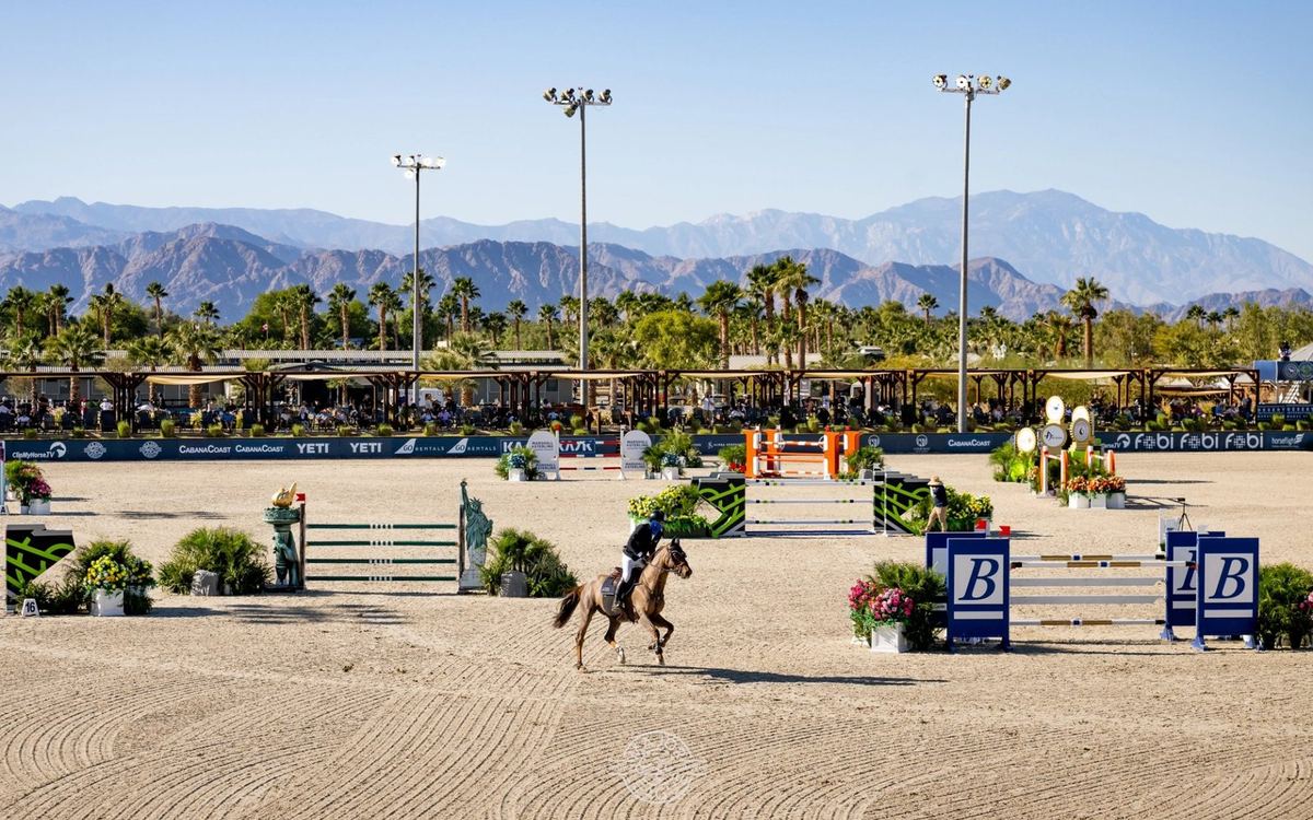 The Grand Prix arena at Desert International Horse Park with the Santa Rosa Mountains behind