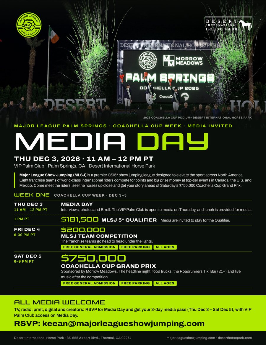 MLSJ Media Day flyer: Thu Dec 3, 2026, 11 AM to 12 PM PT at the VIP Palm Club, Desert International Horse Park. Coachella Cup Week Dec 3 to 5.